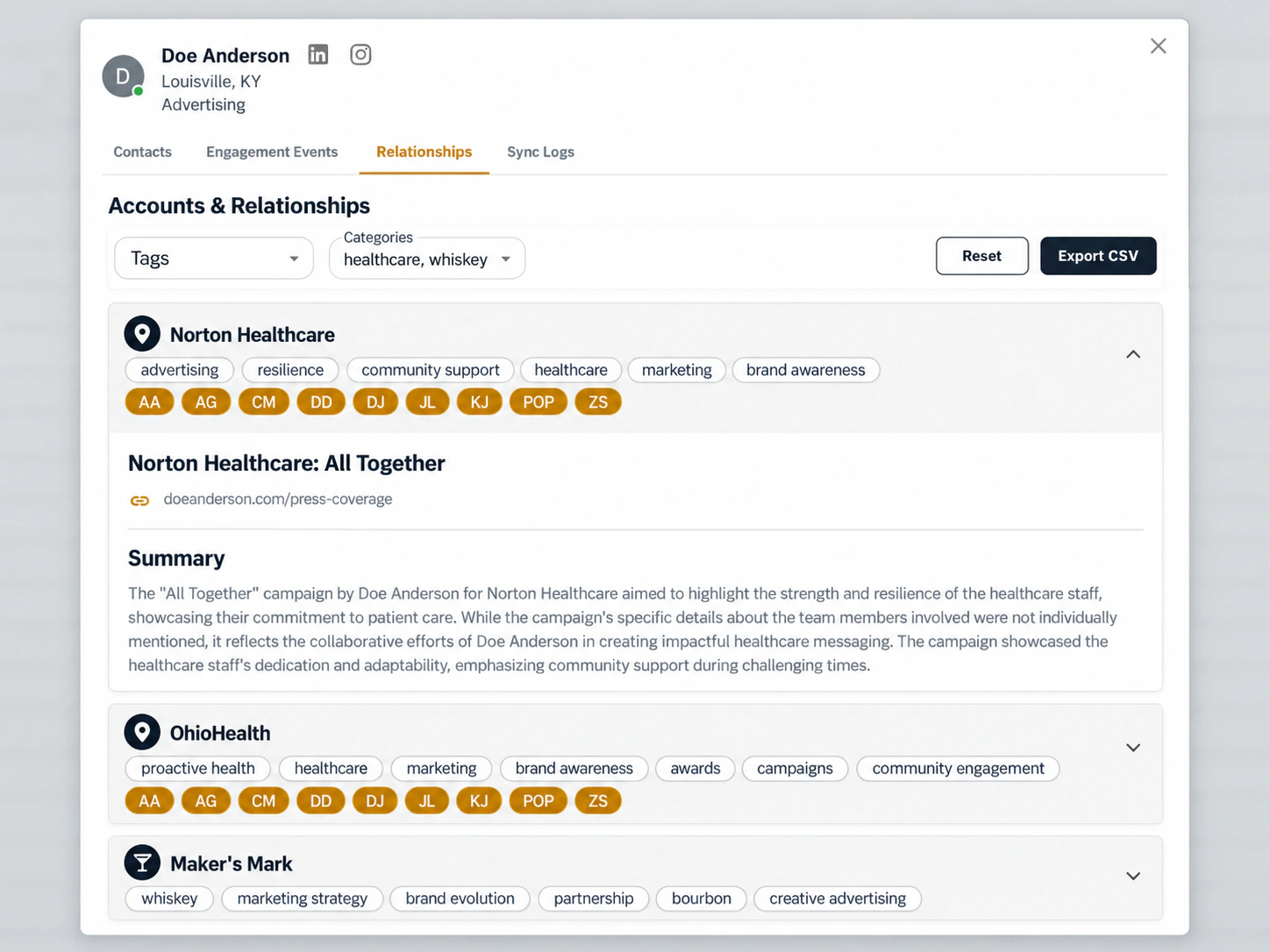 Company research for Doe Anderson, with client relationships, a Norton Healthcare project, categories and retained source links.