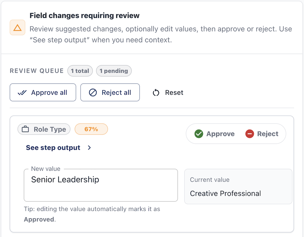 Agency Edge review queue: an AI-proposed Role Type change at 67% confidence, showing the new value, the current value, and Approve and Reject controls.