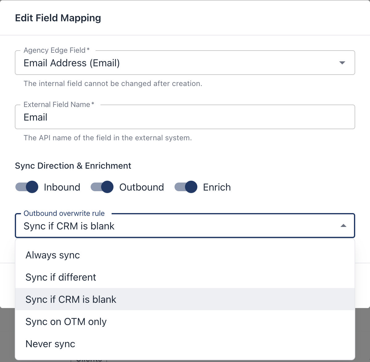Agency Edge’s field-mapping interface with inbound, outbound and enrichment controls. The selected overwrite rule is Sync if CRM is blank.