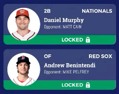 Historical Monster Roster product frame: Daniel Murphy and Andrew Benintendi recommendation cards marked Locked.