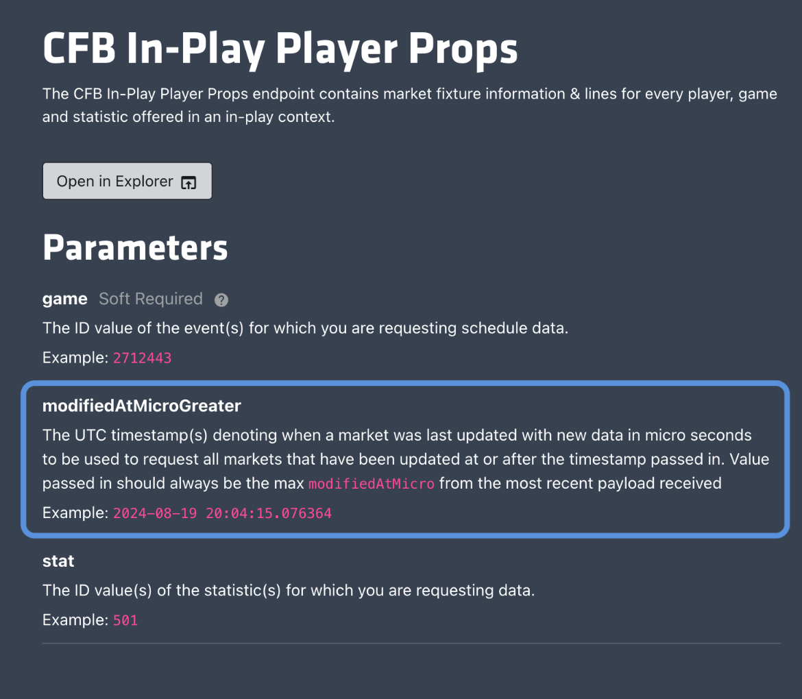 Swish CFB In-Play Player Props API documentation showing game and statistic filters and the modifiedAtMicroGreater update parameter.