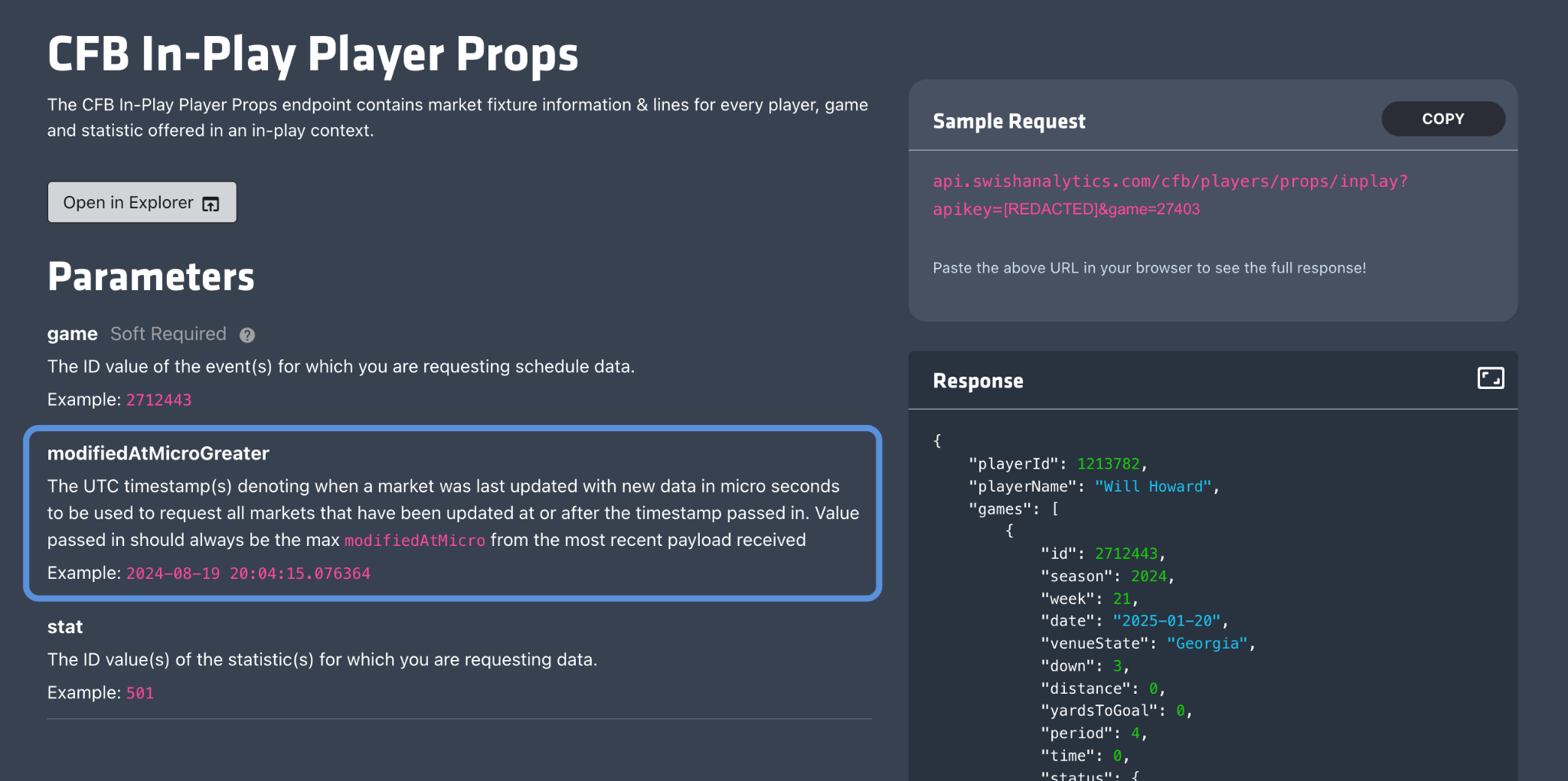 Swish CFB In-Play Player Props API documentation with game and statistic filters and a sample response.